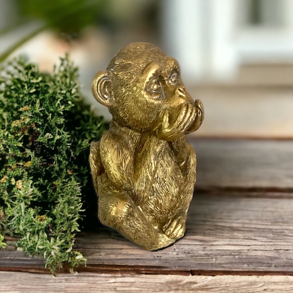 🚩SOLD🚩 Speak No Evil - Golden Tone Resin Monkey 5.5” Tall - Picture 3 of 8